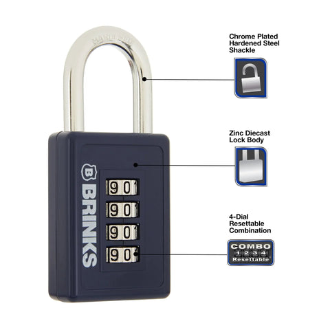 Beefy 40mm Four Dial Resettable Sports Padlock with zinc die-cast body and chrome plated shackle, navy finish, showing features.