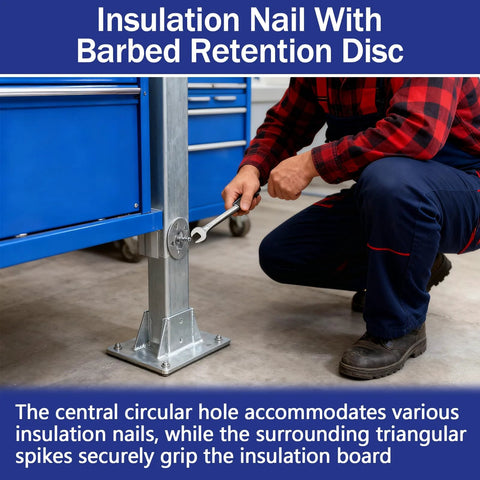 Installed view of Ranstac foam board fasteners with stainless steel washers securing insulation board to a metal post