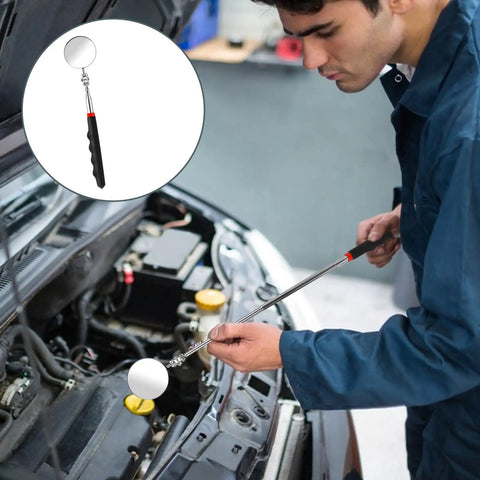 Mechanic using Two Pack Telescoping Inspection Mirror Set With Flexible Circular Mirrors, 360 Degree Rotating Heads and Extended Handle for Easy Vehicle Checks, Car Maintenance and Tight Spots, 2 Inch Diameter.