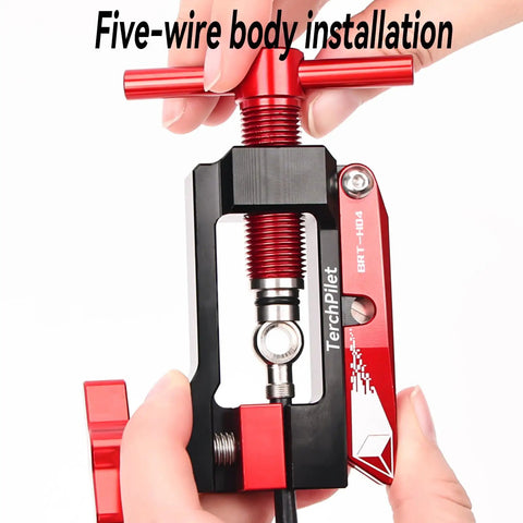 All In One Hydraulic Hose Repair Kit with tool for precise assembly and tight seals for bike maintenance in red and black