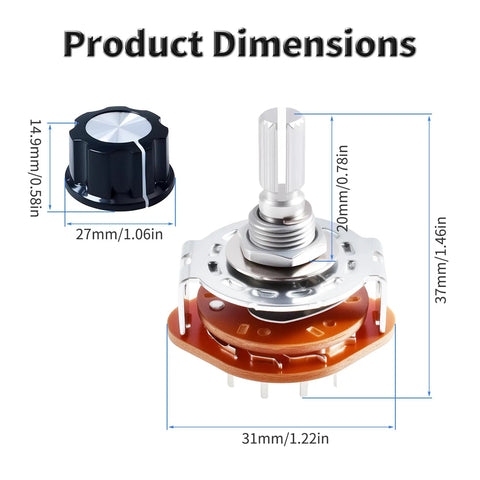 Dimensions of Four Pack RS25 Rotary Band Switches 2 Pole 6 Position 2P6T Rotary Channel Selector with knob for DIY repairs