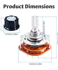 Two Pack RS25 Rotary Band Switch 4P3T shown with knob, dimensions highlighted for TV and Radio Electronics projects.
