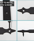 Rustic Barn Door Corner Brackets Set 4.9 In Matte Black L Shape Sliding Door Hardware with screws showing installation method.