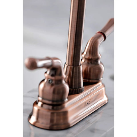 Close-up of Magellan Antique Copper Bar Faucet With Solid Brass Build, Deck Mount 4 Inch Centerset 2 Hole Setup, Washerless Cartridge