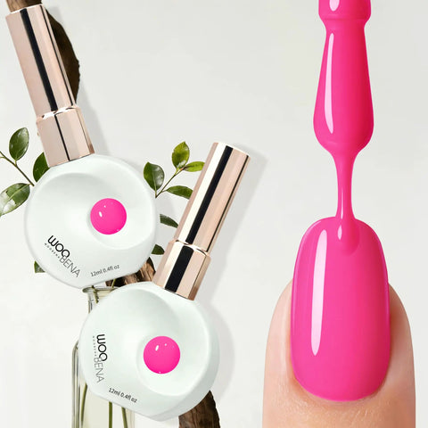 Pink nail polish from 12ml Nail Gel Kit With UV Gel Polish Colors Long Lasting, Salon Quality For DIY At Home Nail Art Cures Under UV LED Lamp HEMA TPO Free Glossy Finish Easy Application For A Pro Look applied to nail.