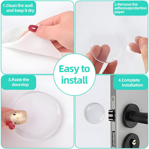 Four-step installation guide for Self Adhesive Door Bumpers Pack Of 12 Round 40 By 8 Mm Protectors for doors handles and walls.