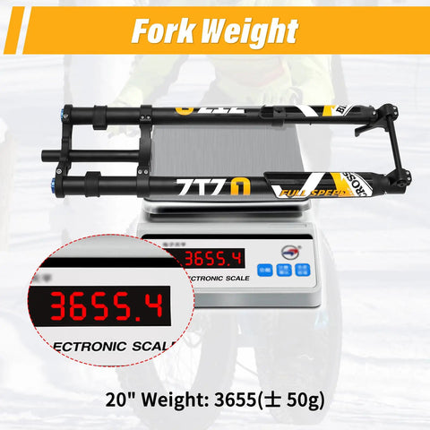 20 Inch Fat Tire Mountain Bike Fork With Beefed Up Inverted Air Suspension on scale showing 3655.4g weight