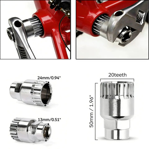 Bike Crank Removal Tool and Bottom Bracket Extractor Set with 16mm Wrench Pro Grade Maintenance Kit For Universal 20 Tooth Spline and Square Taper Cranks on Mountain Bikes showing wrench and socket details
