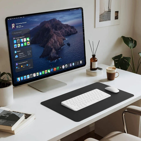 Premium Leather Desk Pad Mat Non Slip Blotter Desk Protector For Office And Home 17 By 12 Inches shown on white desk