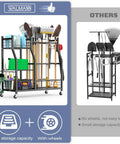 Garden Tool Organizer With Wheels Rolling Cart For Garage And Shed Large Upright Stand For Rakes Shovels And Long Handled Yard Tools Indoor Outdoor Storage showing two carts, one with wheels and larger capacity, one smaller and stationary.