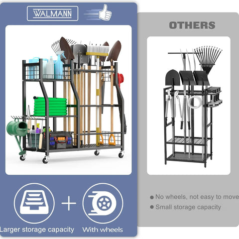 Garden Tool Organizer With Wheels Rolling Cart For Garage And Shed Large Upright Stand For Rakes Shovels And Long Handled Yard Tools Indoor Outdoor Storage showing two carts, one with wheels and larger capacity, one smaller and stationary.