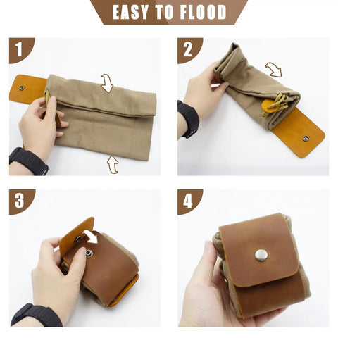 Step-by-step folding of Waxed Canvas Foraging Belt Pouch With Leather Trim Collapsible Outdoor Pouch for easy storage