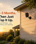 Smooth As Butter 2K Wireless Security Cameras 2 Pack with sharp color night vision mounted on a house wall at sunset.