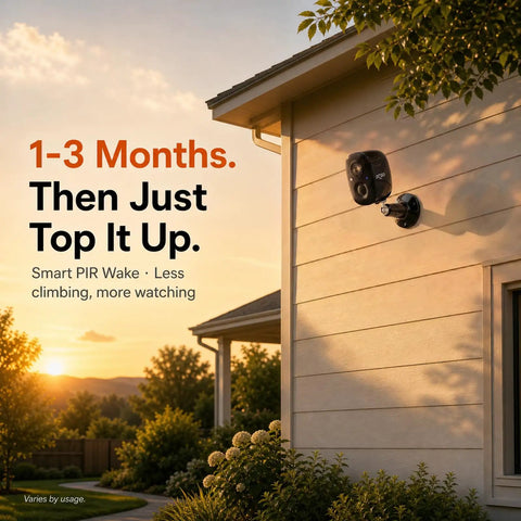 Smooth As Butter 2K Wireless Security Cameras 2 Pack with sharp color night vision mounted on a house wall at sunset.