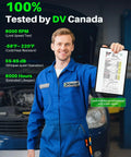 Mechanic holding test report next to vehicle in garage with text highlighting performance specs such as RPM and temperature range.