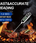 Digital Meat Thermometer With Extra Long 304 Stainless Probe checking steak temperature on grill, waterproof and quick read.