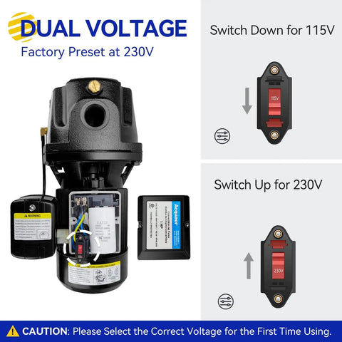 Heavy Duty Cast Iron Shallow and Deep Well Jet Pump with Ejector Kit, showing dual voltage settings for 115V and 230V