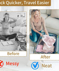 Comparison of messy packing vs. organized packing with 20 Pack Clear Travel Shoe Bags With Drawstring Large 15.7 By 11.8 Inches Waterproof See Through