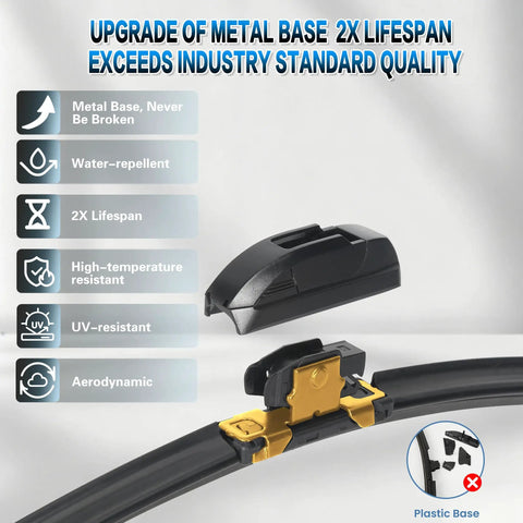 Upgrade of metal base for Straight Up Tough 26 And 16 Inch Windshield Wiper Blades showing durable attachment and features.