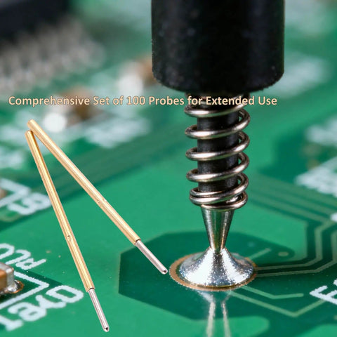 Close-up of 100 Pack 0.68mm Spring Test Probes With Round Head Pogo Pins For PCB Testing, probing a circuit board.