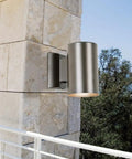 Brown Cylinder Outdoor Wall Mount Light Fixture With E26 Socket Dope BR30 Bulb Not Included, mounted on exterior wall