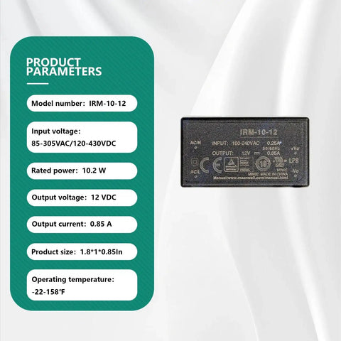 Heavy Hitter 10W AC DC Switching Power Supply Module 12V PCB Mount Universal AC Input showing product parameters and specifications.