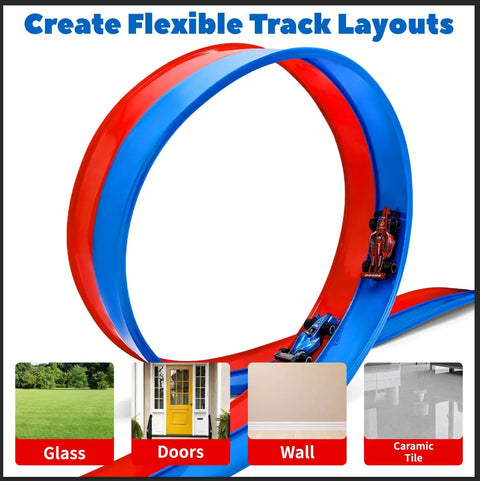 Flexible Fifteen Foot Race Car Track Set for Kids with loop design, displayed on various surfaces, featuring blue and red tracks.