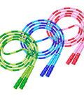 Three adjustable beaded jump ropes in green, blue, and pink; 9.2 ft length, tangle free with soft beads, for fitness and cardio routines.