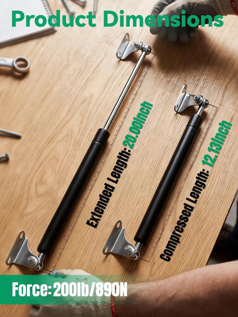 Heavy Duty Gas Struts For Trunk Hatches And Heavy Doors With Easy Mount Brackets Two Pack dimensions on wood with force indicator.