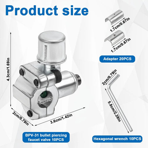 Front view of BPV-31 bullet piercing faucet valve kit with 10 valves, 20 adapters, and 10 hex keys