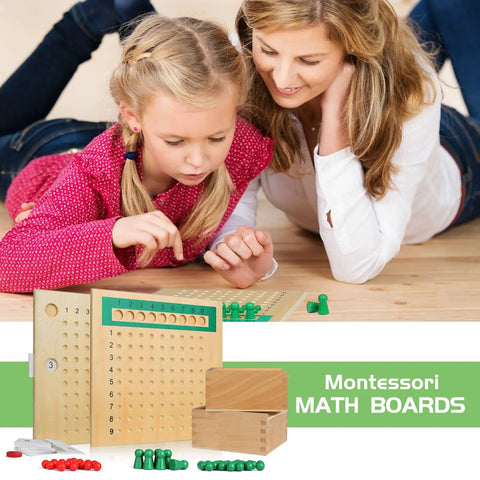 Child learning multiplication on Montessori Math Board For Multiplication And Division Hands On STEM Wooden Educational Toy