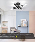 Semi Flush Mount Matte Black Sputnik Ceiling Light Fixture With Four E26 Sockets in modern living room setting