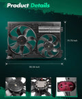Premium Radiator Condenser Cooling Fan Direct Replacement For Audi A3 And VW CC TT Engine Cooling Assembly detailed view with dimensions.