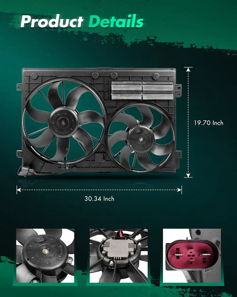 Premium Radiator Condenser Cooling Fan Direct Replacement For Audi A3 And VW CC TT Engine Cooling Assembly detailed view with dimensions.