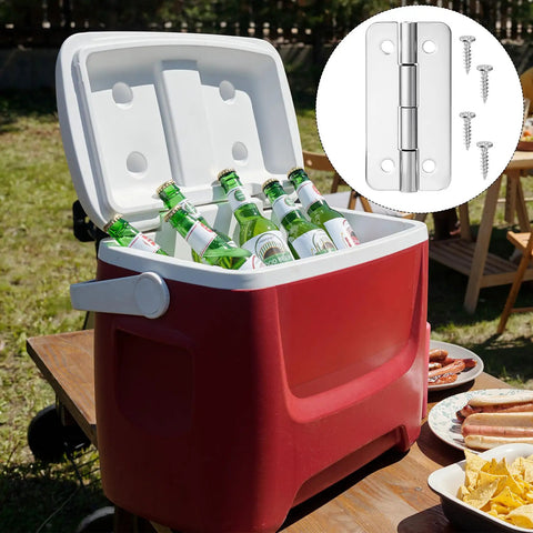 Open red ice chest on a wooden table with beverages, inset showing Two Sets Of Premium Stainless Steel Cooler Hinges And Screws For Ice Chests Beefy Heavy Duty Replacement Hardware Includes 2 Hinges And 8 Rust Resistant Screws For Quick Easy Install.