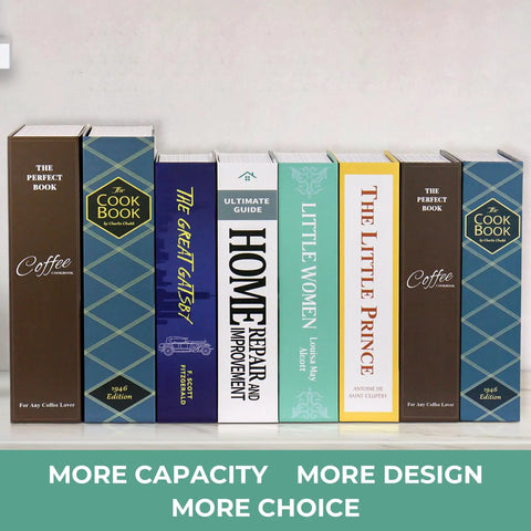 Bookshelf with seven false books hiding a Book Safe With Combination Lock Hidden Safe 9.5 Inch By 6.2 Inch By 2.2 Inch Hollow Book Box