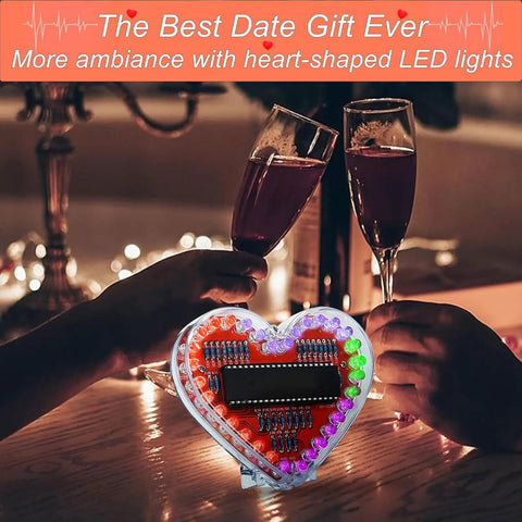 Heart Shaped LED Light Soldering Practice Kit for Beginners with color changing effects displayed on romantic table