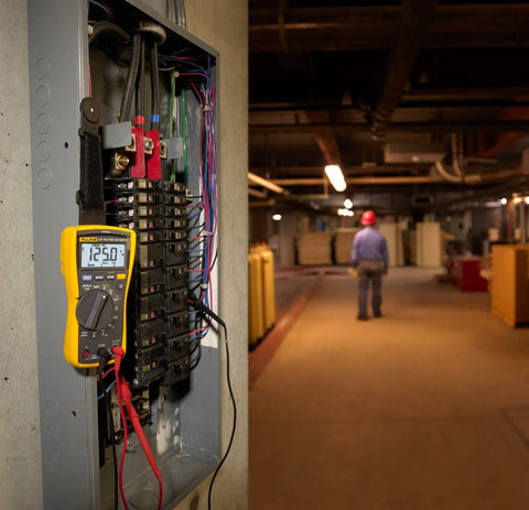 117 And 323 Multimeter And Clamp Meter Combo For Electricians measuring voltage in an electrical panel with cables visible