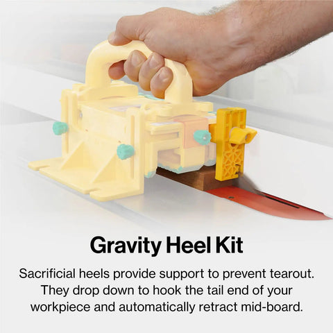 Top Shelf Grr Ripper Max Table Saw Push Pad Triple Force Grip Smashes Kickback And Guards Your Knuckles Full Tool Set With SafeRip Kit For Snappy Cuts On Thin Stock Usa Built Bright Yellow, showing Gravity Heel Kit in use.