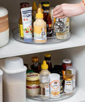 Two Pack Lazy Susan Cabinet Organizer Rotating Turntable For Cabinets Pantries Countertops Tables And Fridges 10.5 Inch Plastic Round Organizer set with condiments in cupboard
