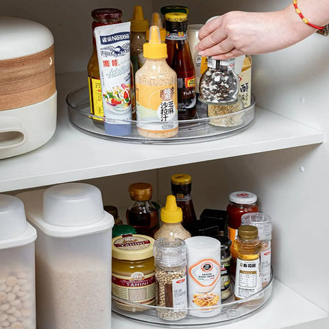 Two Pack Lazy Susan Cabinet Organizer Rotating Turntable For Cabinets Pantries Countertops Tables And Fridges 10.5 Inch Plastic Round Organizer set with condiments in cupboard
