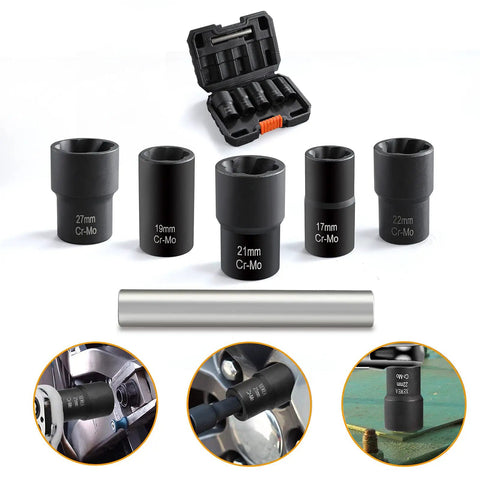 Six Piece Lug Nut Remover Set With Twist Socket Extractors, sizes 17-27mm, in case with examples of heavy duty use for removing fasteners