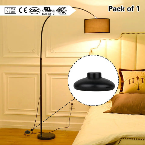 Floor Lamp Foot Switch Inline Pedal Switch For No Fuss Easy Control Round Black Push Button On Off Spring Loaded Step On Step Off Pedal Power Switch Replacement Part For Floor Lamps And Extension Cords UL Listed Safety installed next to bed with lamp.