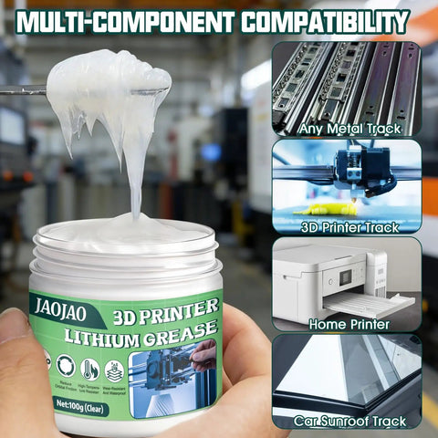 3D Printer Lubricant Grease 100g For Lead Screws X Y Z Axes And Gears with white gel consistency and multi-use illustrations