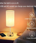 Touch Bedside Table Lamp With USB Port And AC Outlet 3 Way Dimmable Nightstand Lamp With Wood Base And Round Flaxen Fabric Shade