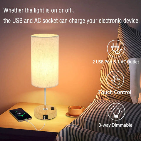 Touch Bedside Table Lamp With USB Port And AC Outlet 3 Way Dimmable Nightstand Lamp With Wood Base And Round Flaxen Fabric Shade