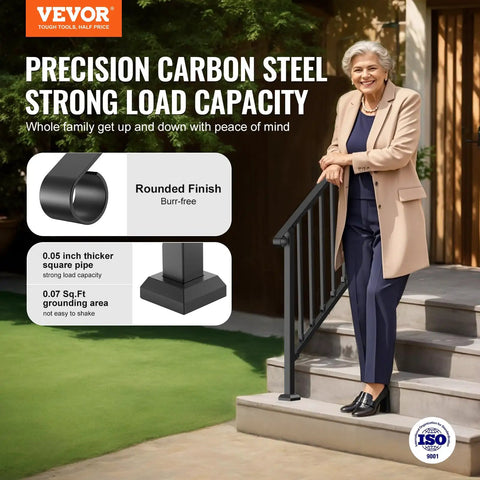 Tough As Nails Outdoor Stair Handrail Kit For Three To Four Steps Featuring Rust Proof Iron Railings, shown on steps with a woman in a beige coat.