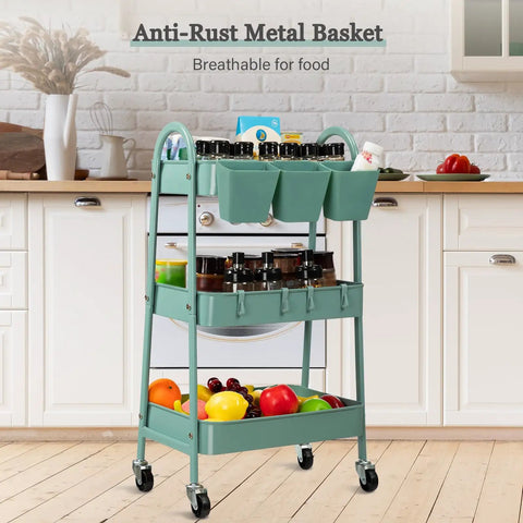 3 Tier Rolling Cart With Lockable Wheels And Hanging Cups, Heavy Duty Metal Utility Cart for kitchen with mesh baskets in green.
