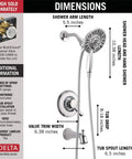 Linden 17 Series Dual Function Tub And Shower Trim Kit With In2ition 4 Spray 2 In 1 Dual Handheld Shower Head And Hose Chrome Finish Valve Not Included, showing dimensions of shower head, arm, and trim components.