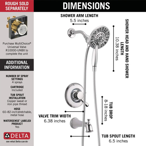 Linden 17 Series Dual Function Tub And Shower Trim Kit With In2ition 4 Spray 2 In 1 Dual Handheld Shower Head And Hose Chrome Finish Valve Not Included, showing dimensions of shower head, arm, and trim components.